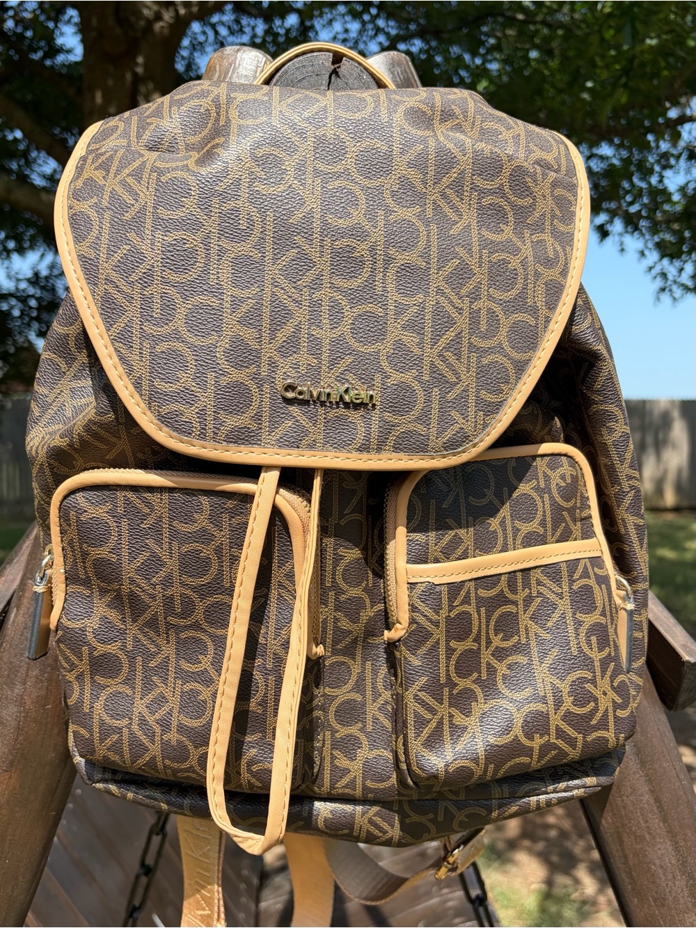 Calvin Klein Brown Monogram Canvas Backpack with Tan Trim